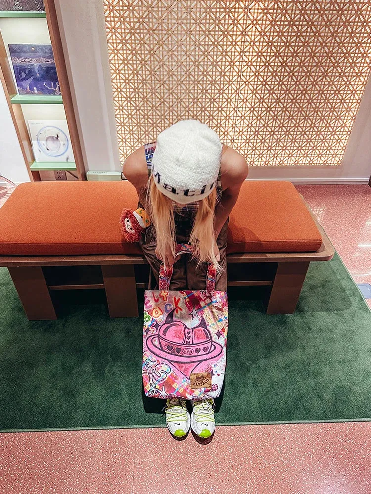 2025 Spring Y2K Pink Handbag – Women's Devil Heart Printed Canvas Tote Bag