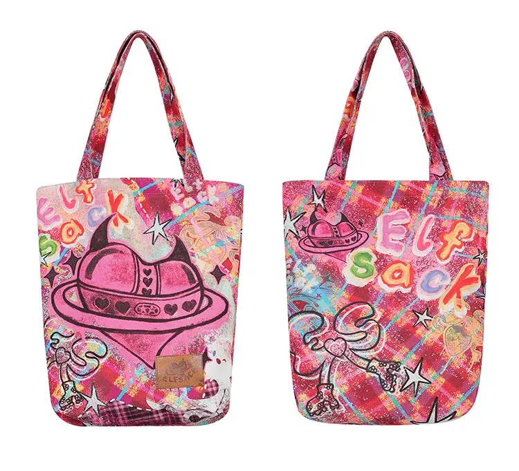 2025 Spring Y2K Pink Handbag – Women's Devil Heart Printed Canvas Tote Bag