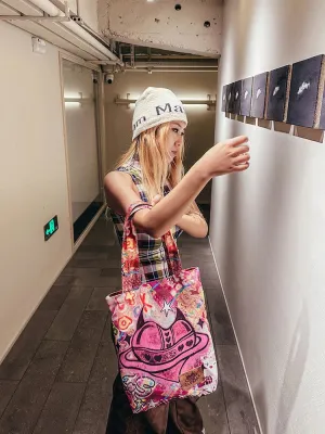 2025 Spring Y2K Pink Handbag – Women's Devil Heart Printed Canvas Tote Bag