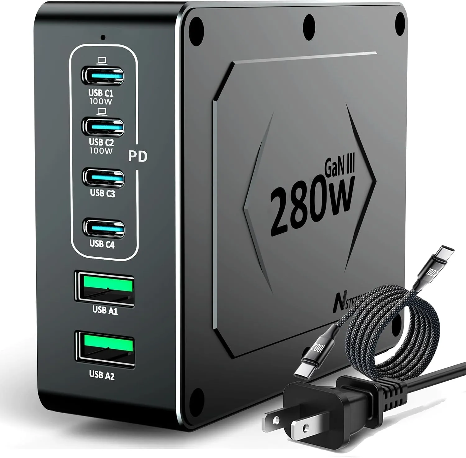 280W USB C Charger Block 6 Port Fast Charging Station Hub Upgraded GaN III PD 100W Laptop Charger Adapter Compatible with MacBook Pro/Air, DELL,iPad, iPhone16/15, Galaxy (Black)