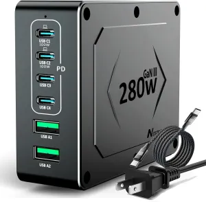 280W USB C Charger Block 6 Port Fast Charging Station Hub Upgraded GaN III PD 100W Laptop Charger Adapter Compatible with MacBook Pro/Air, DELL,iPad, iPhone16/15, Galaxy (Black)