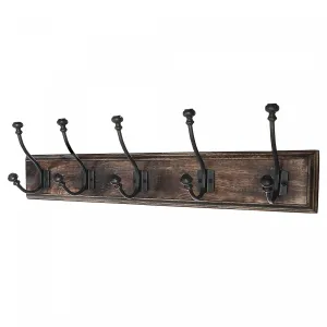 5 Gun Metal Iron Hooks on Wood Base|5 crochets en fer gris métallisé sur une base en bois