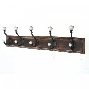 5 Iron Hooks with Ceramic Knobs on Wood Base|5 crochets en fer avec boutons en céramique sur une base en bois