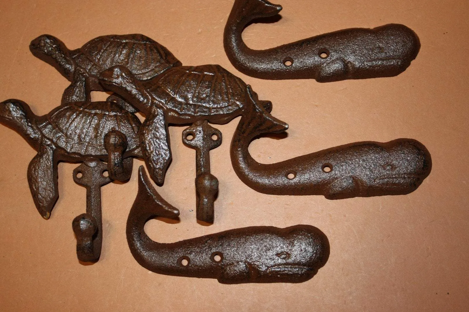 6) Rustic Nautical Beach house Coat Hooks ~ Cast Iron Sea Turtle & Whale Design,  H-102 103