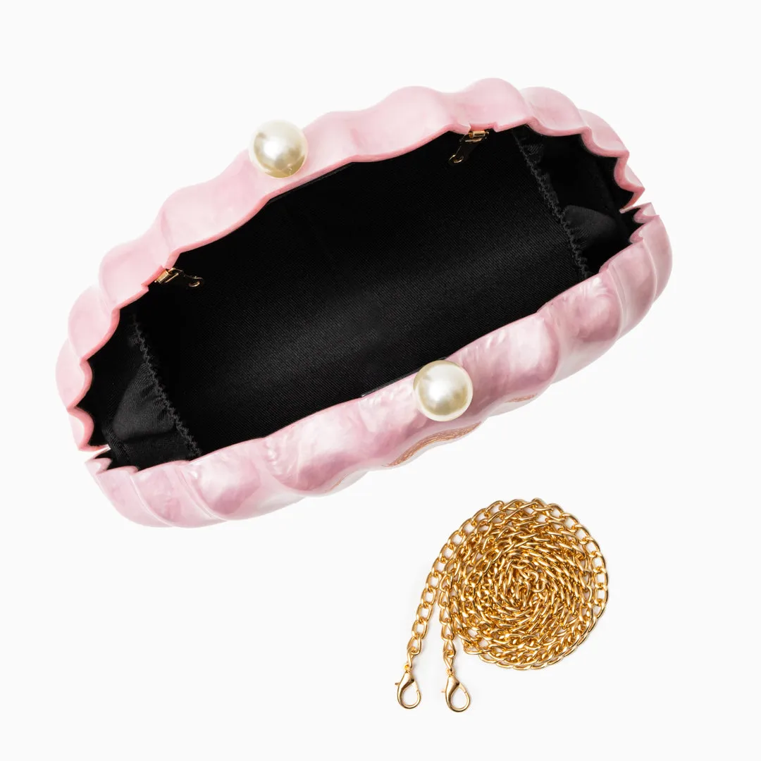 Acrylic Shell Clutch Bag – Elegant Fan-Shaped Evening Handbag with Pearl Clasp