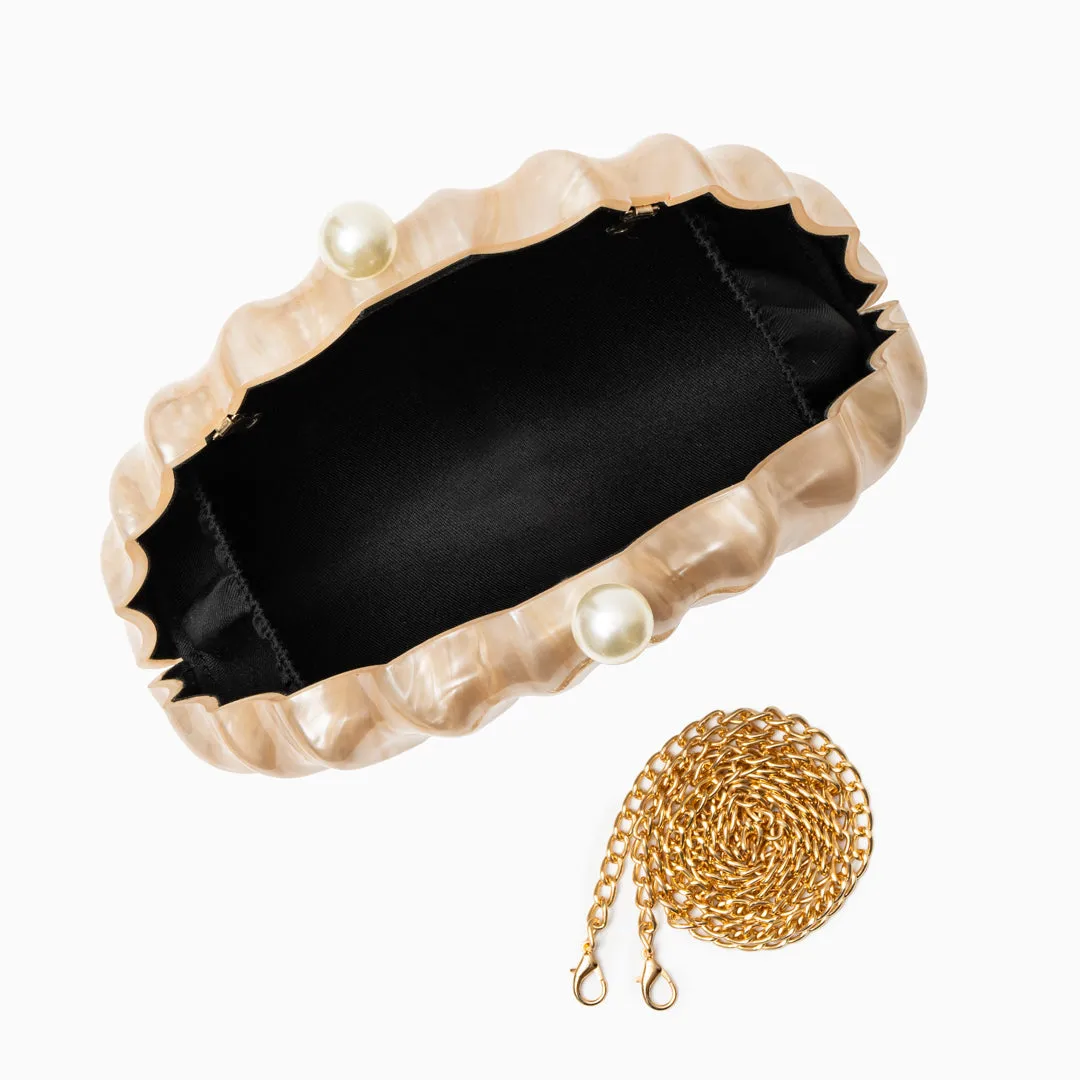 Acrylic Shell Clutch Bag – Elegant Fan-Shaped Evening Handbag with Pearl Clasp