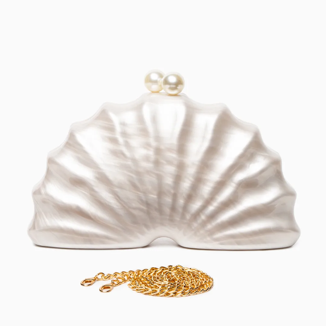 Acrylic Shell Clutch Bag – Elegant Fan-Shaped Evening Handbag with Pearl Clasp