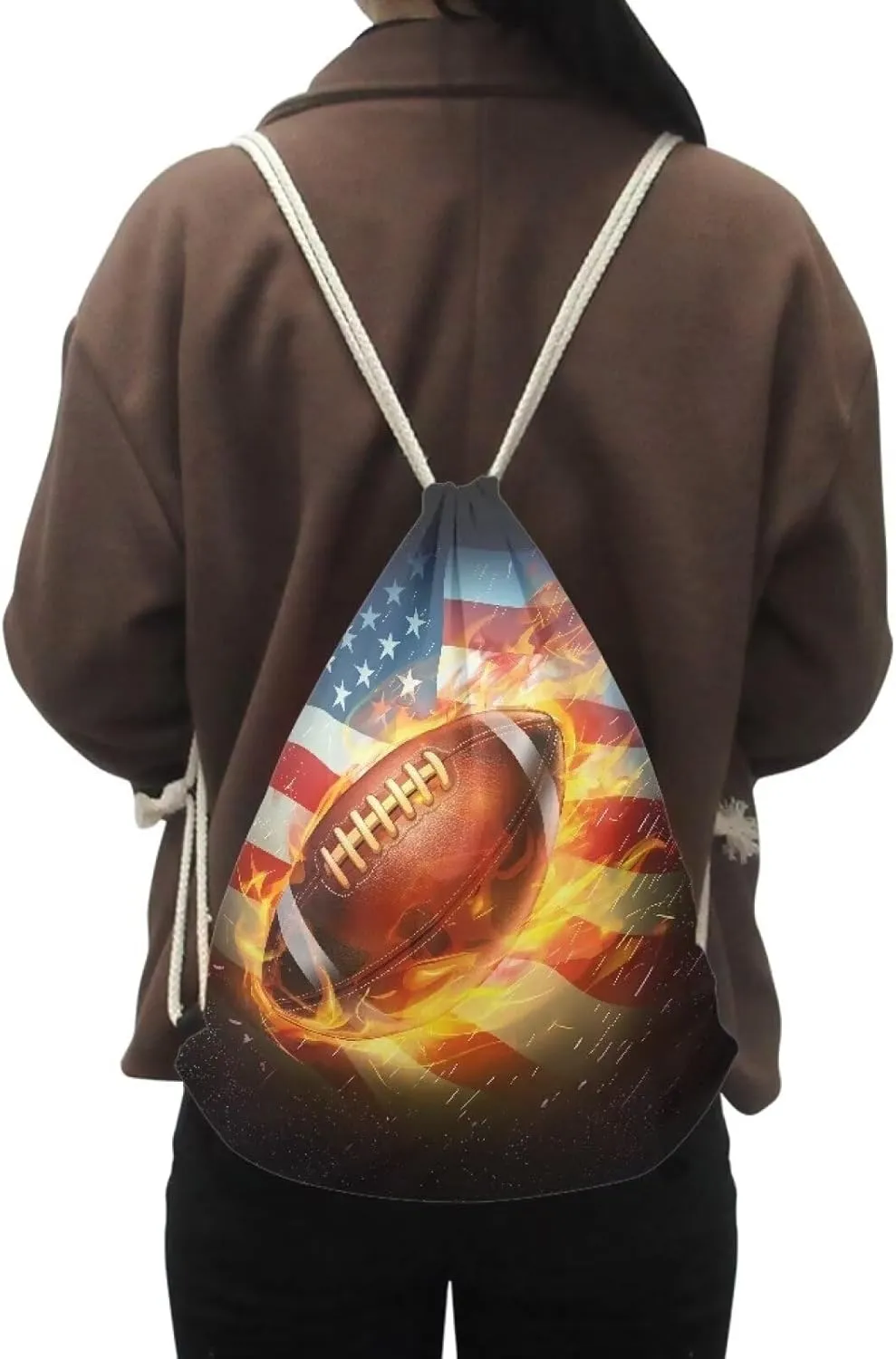 American Flag Pattern Gym Drawstring Backpack for Women Men,Burning Football String Sack Storage Satchels Drawstring Backpack for 4th July Independence Day