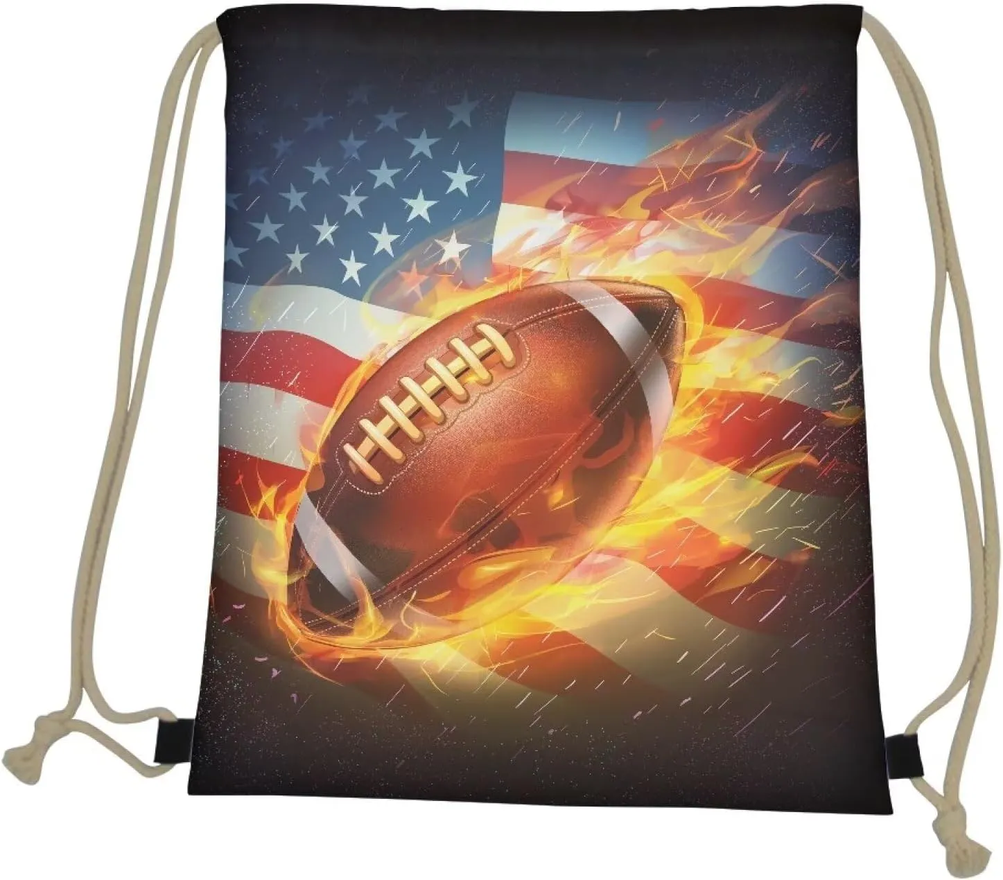 American Flag Pattern Gym Drawstring Backpack for Women Men,Burning Football String Sack Storage Satchels Drawstring Backpack for 4th July Independence Day