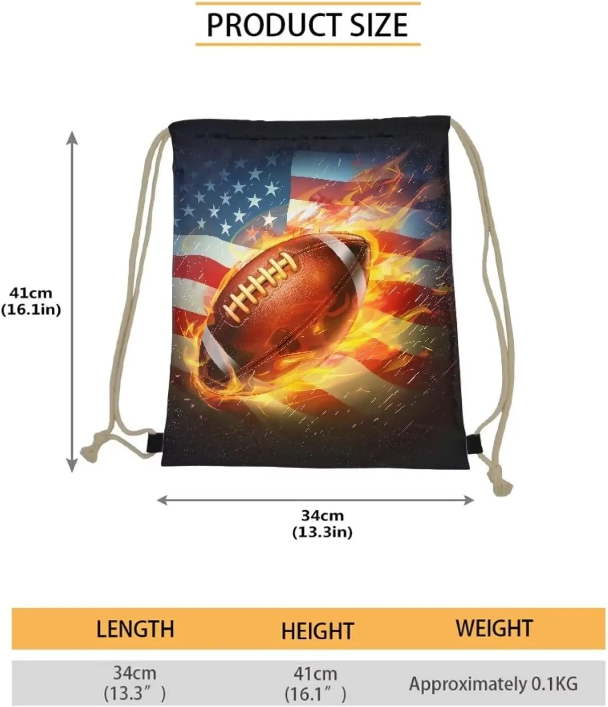 American Flag Pattern Gym Drawstring Backpack for Women Men,Burning Football String Sack Storage Satchels Drawstring Backpack for 4th July Independence Day