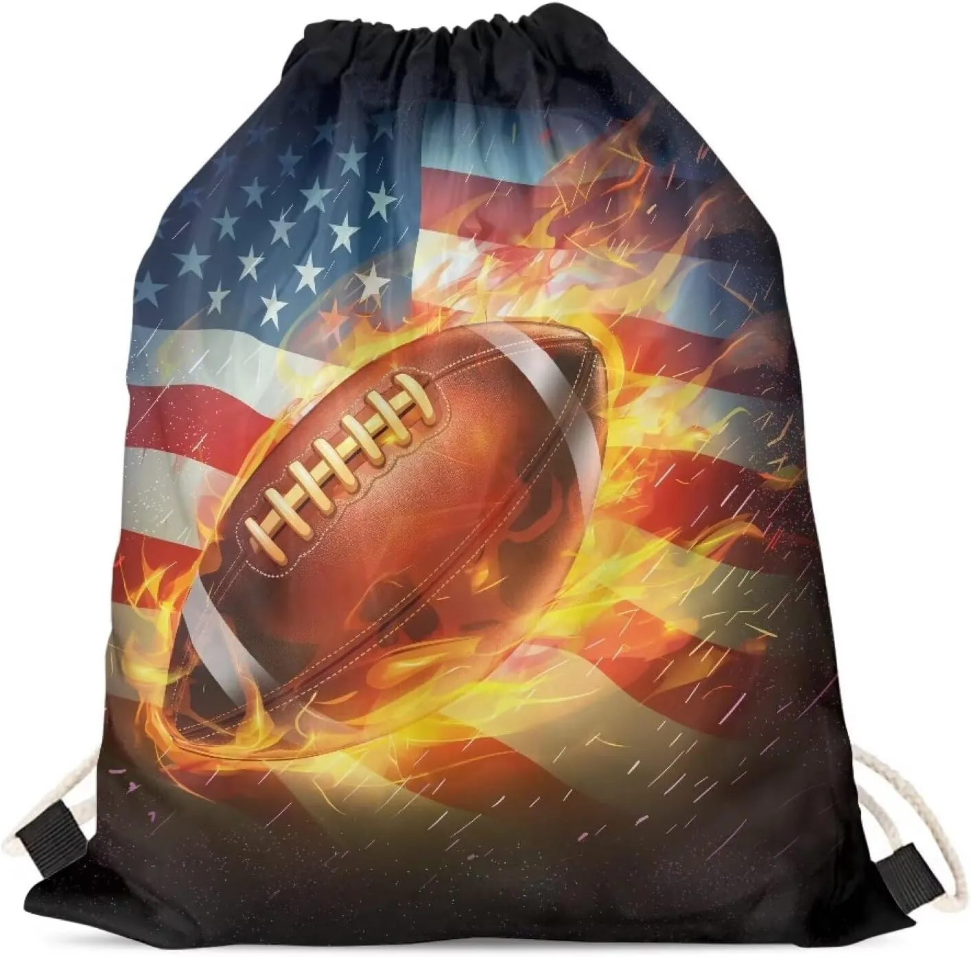 American Flag Pattern Gym Drawstring Backpack for Women Men,Burning Football String Sack Storage Satchels Drawstring Backpack for 4th July Independence Day
