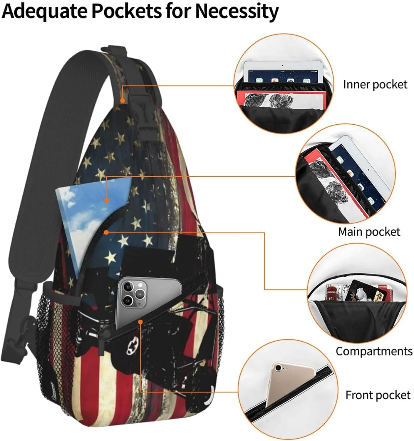 American Flag Swimming Team Sling Bag Adjustable Chest Bags Casual Crossbody Bag Travel Shoulder Backpack