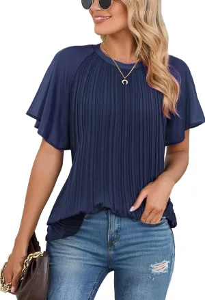 Angashion Womens Pleated Tops - Double Layers Mesh Blouses Short Sleeve Crewneck Tunics Tops