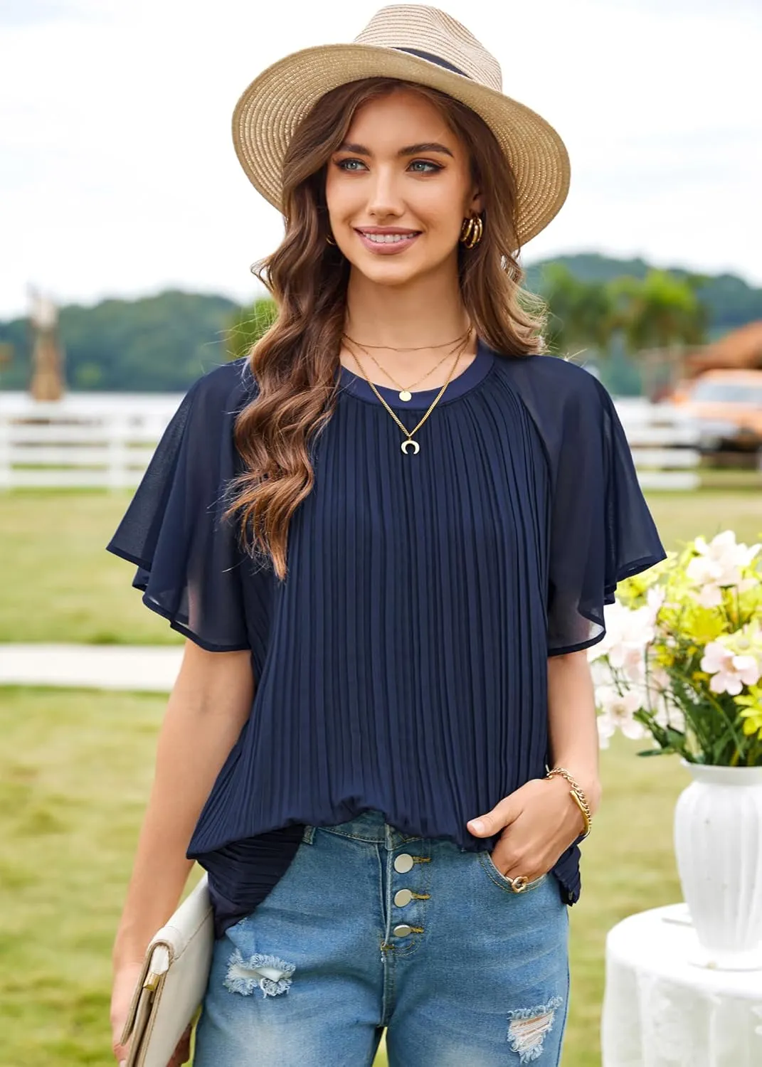 Angashion Womens Pleated Tops - Double Layers Mesh Blouses Short Sleeve Crewneck Tunics Tops