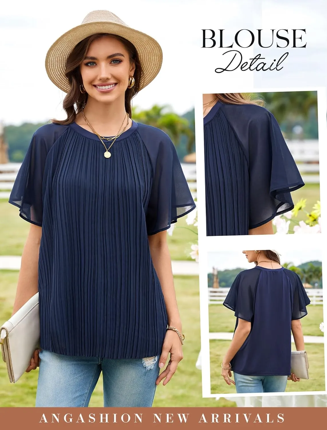 Angashion Womens Pleated Tops - Double Layers Mesh Blouses Short Sleeve Crewneck Tunics Tops