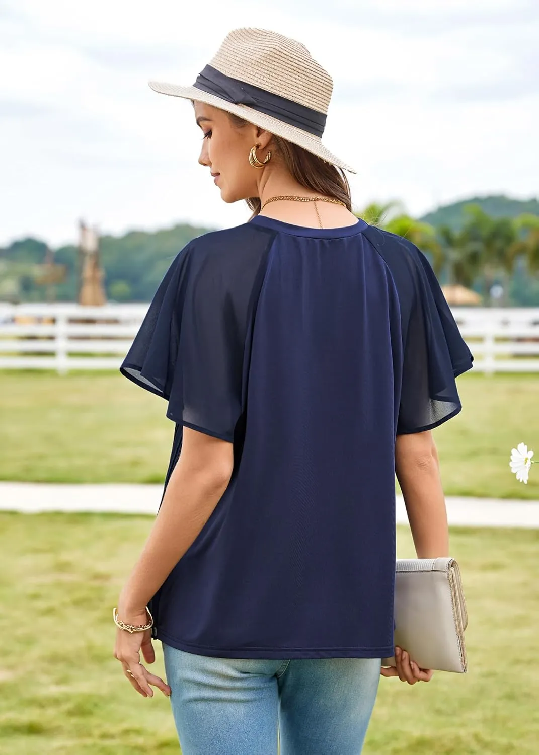 Angashion Womens Pleated Tops - Double Layers Mesh Blouses Short Sleeve Crewneck Tunics Tops