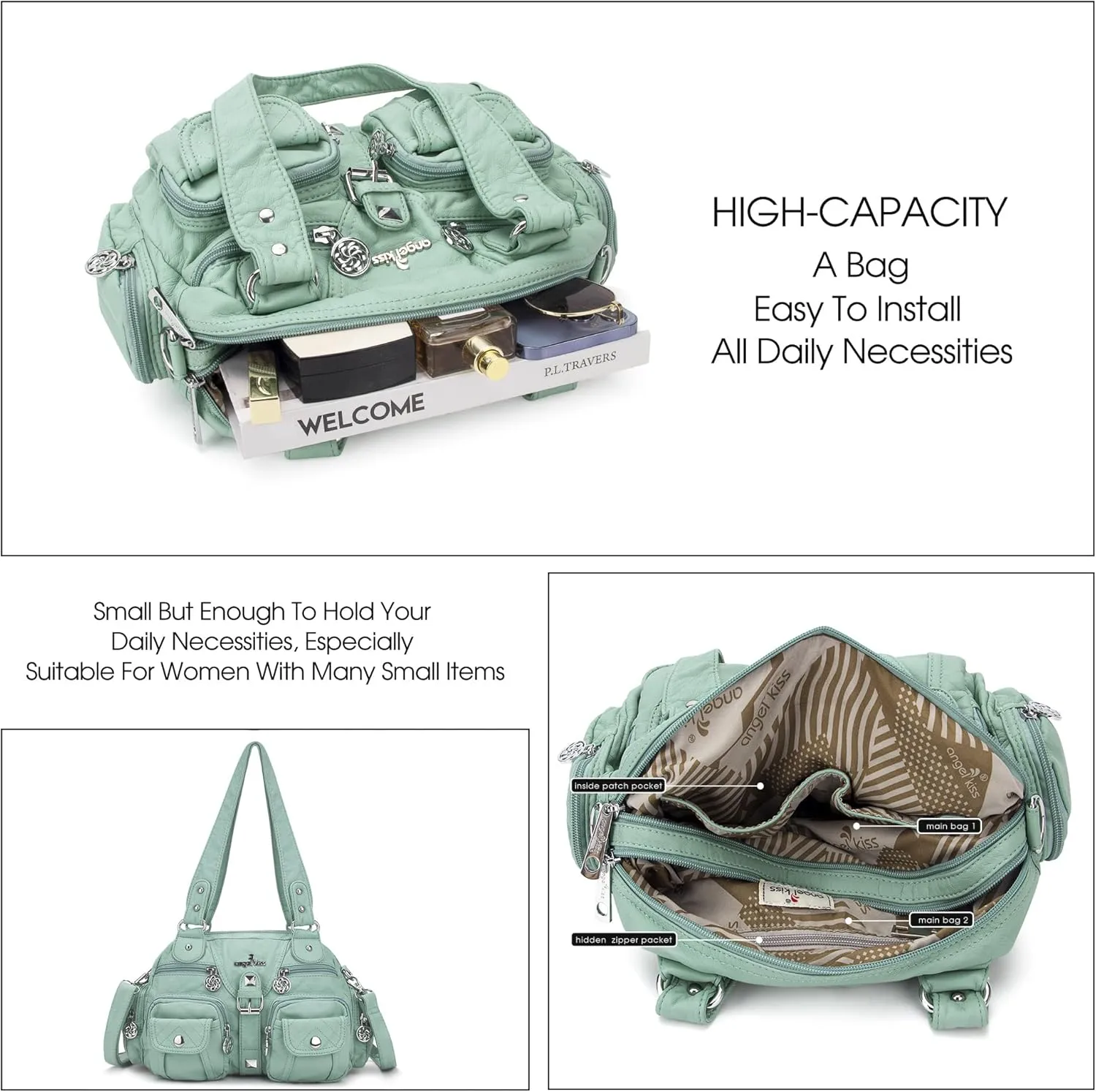 Angel Kiss Hobo Crossbody Purses for Women Shoulder Bag Multipocket Soft Hobo Purses Removable Strap Leather Handbags