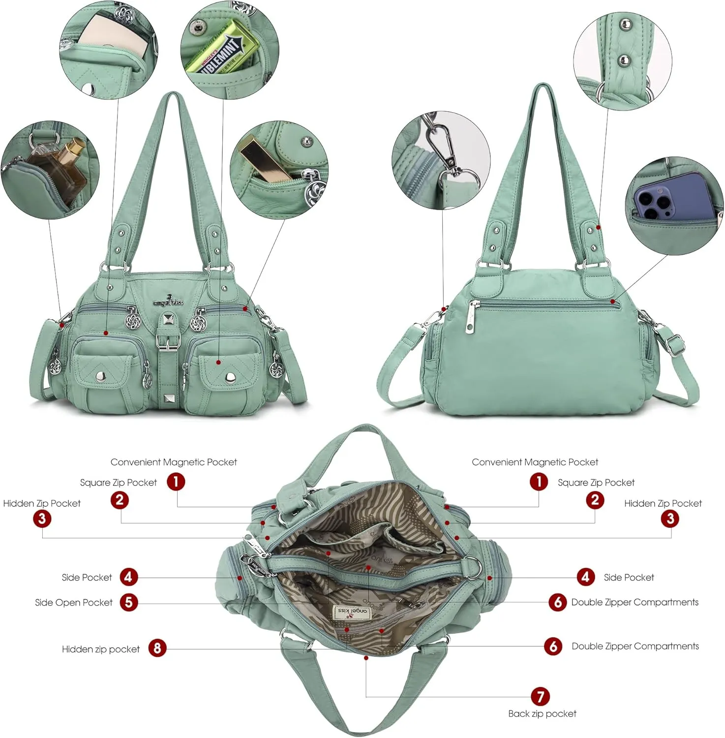 Angel Kiss Hobo Crossbody Purses for Women Shoulder Bag Multipocket Soft Hobo Purses Removable Strap Leather Handbags