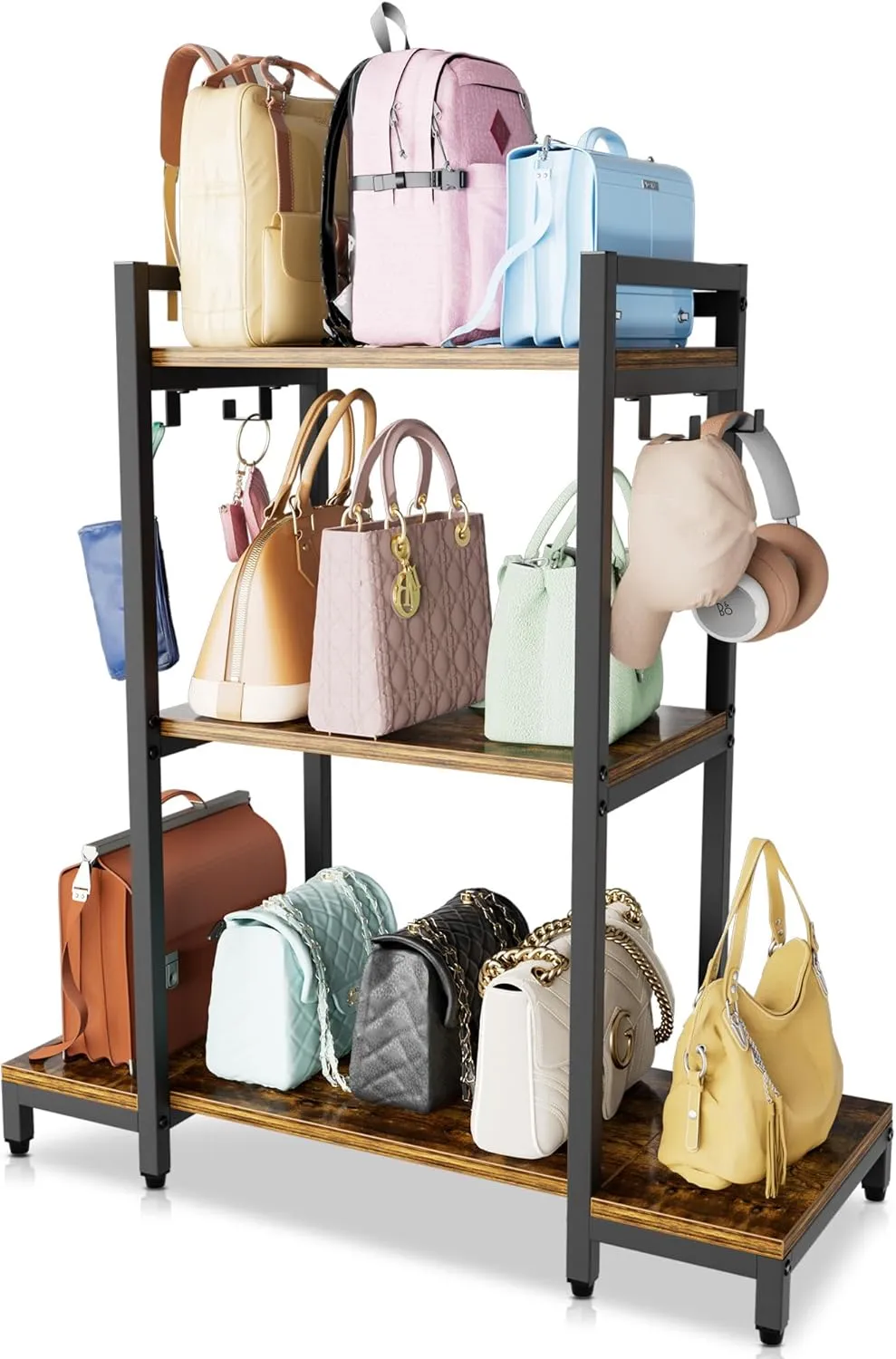 Aquzee Purse Shelf Storage, 3 Tier Stand Bag Organizer for Handbag Organizers, Backpack Storage with 4 Hooks for Holder, Large Purse Shelf for Closet, Home Living Room Bedroom Purse Storage Ideas