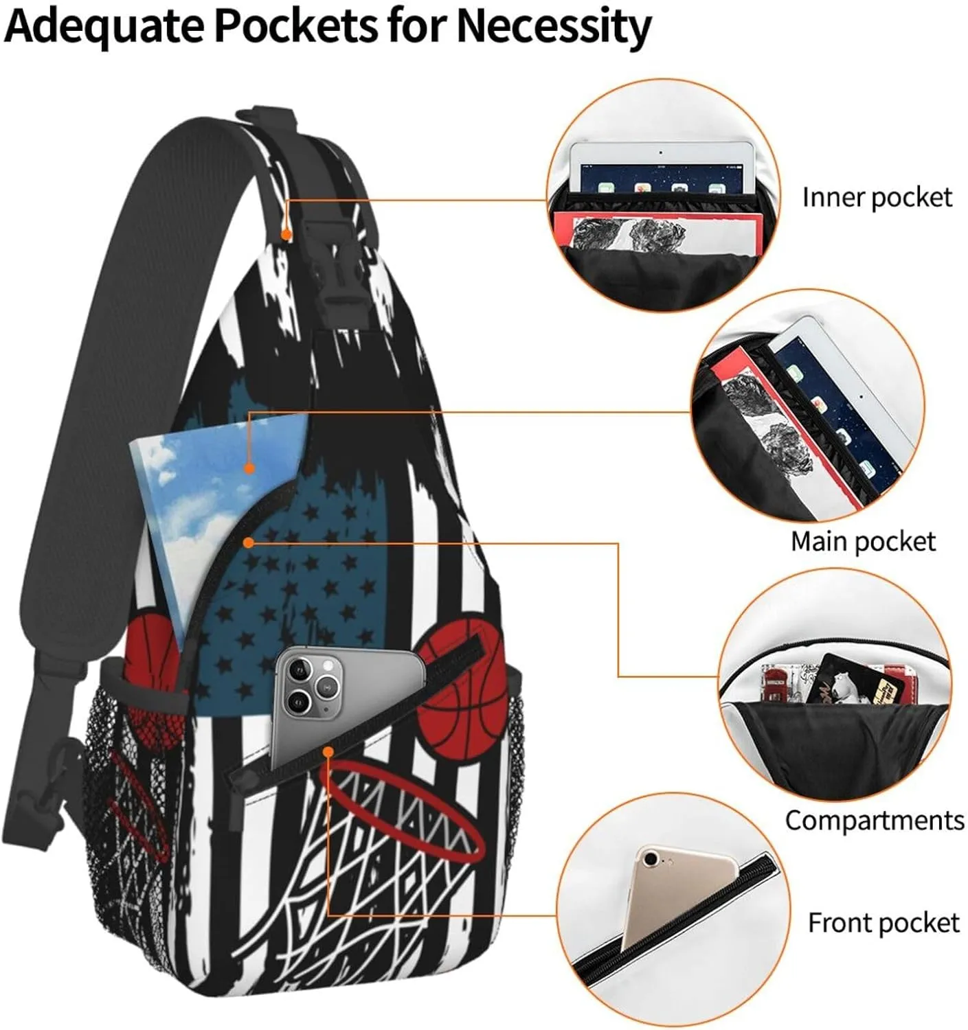 Basketball Net Dribble Jump Shot Crossbody Bag Adjustable Sling Bag Casual Chest Bags Travel Shoulder Backpack
