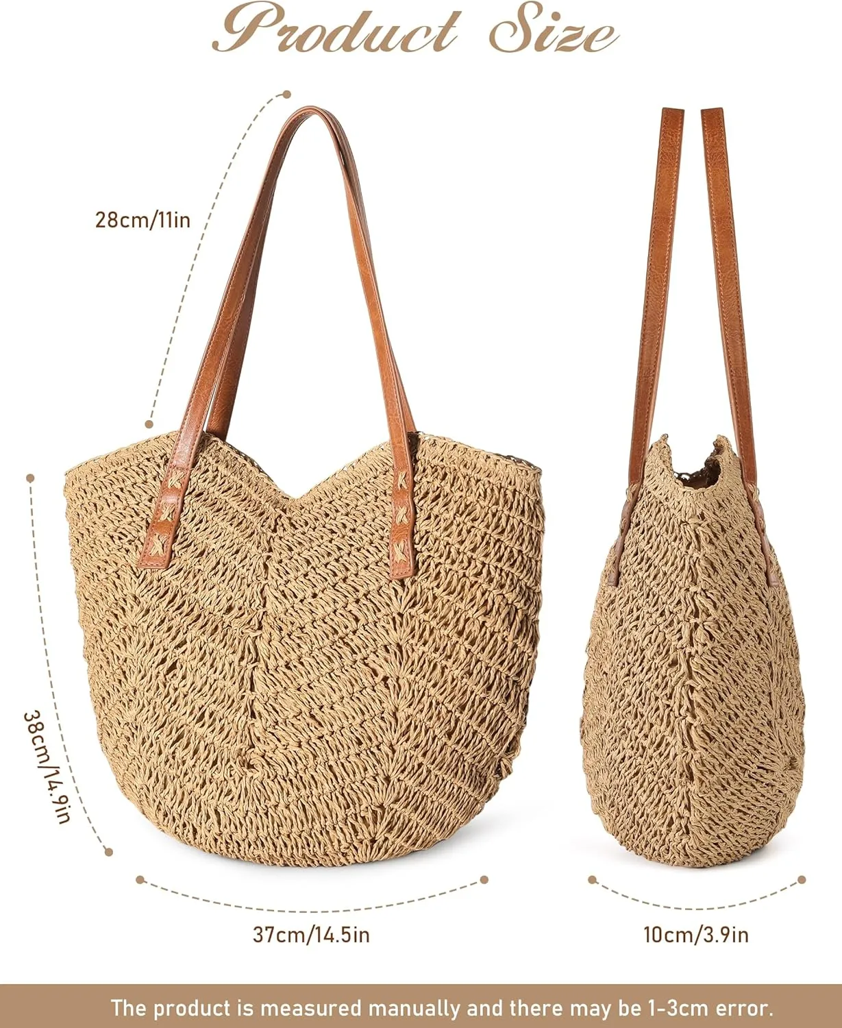 Beach Bags for Women - Straw Bag with Zipper, Soft Woven beach bag, Casual Straw Shoulder Bag for Daily Use