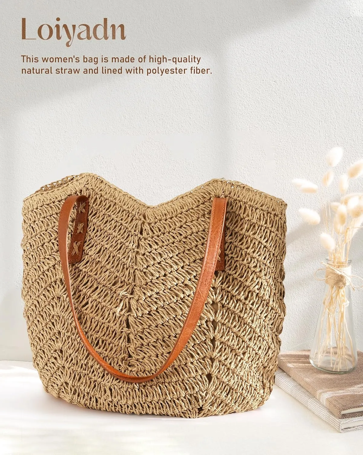 Beach Bags for Women - Straw Bag with Zipper, Soft Woven beach bag, Casual Straw Shoulder Bag for Daily Use