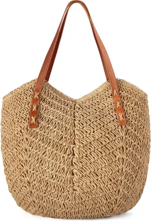 Beach Bags for Women - Straw Bag with Zipper, Soft Woven beach bag, Casual Straw Shoulder Bag for Daily Use