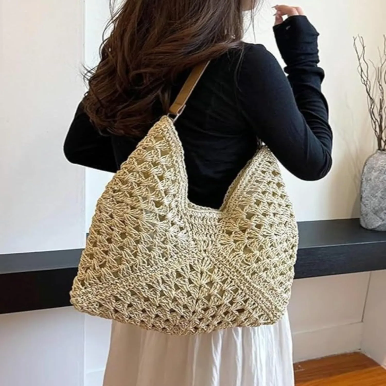Beach Bags for Women Summer Soft Large Woven Shoulder Purse Handbag Straw Bag Beach Tote for Summer Vacation