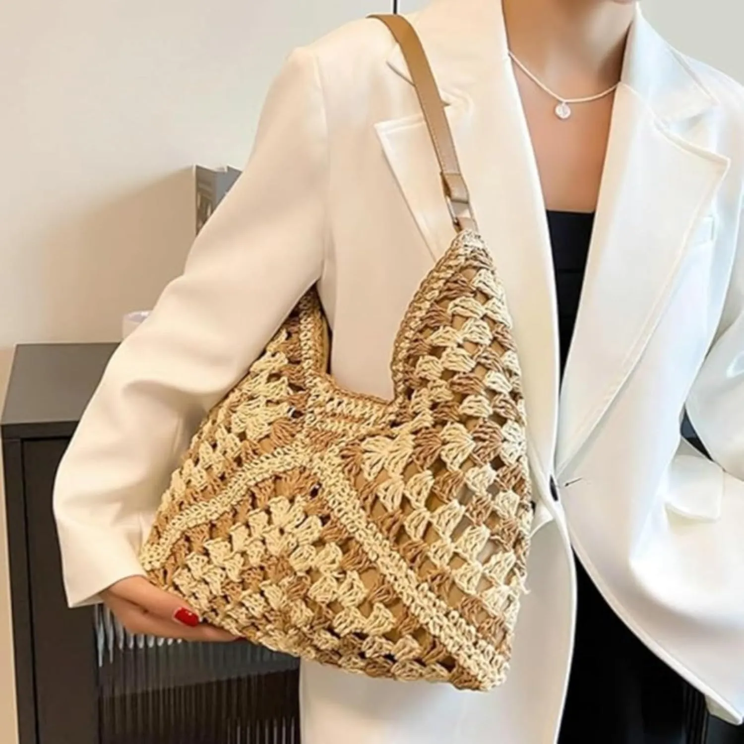 Beach Bags for Women Summer Soft Large Woven Shoulder Purse Handbag Straw Bag Beach Tote for Summer Vacation