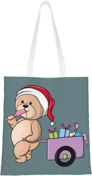 Bears Eat Ice Cream While Distributing Christmas Gifts Tote Bag for Women Canvas Shopping Bags Reusable Large Capacity Casual Shoulder Handbags Grocery Bags DIY Gift Bags