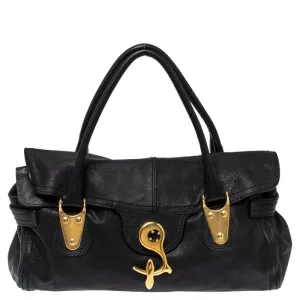 Black Soft Leather Clasp Flap Satchel