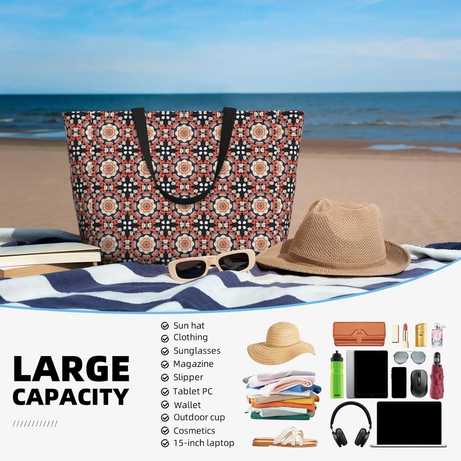 Boho Mandala Abstract Flower Large Capacity Travel Bag Lightweight Shopping Handbag Beach Tote Bags Casual Work Bag