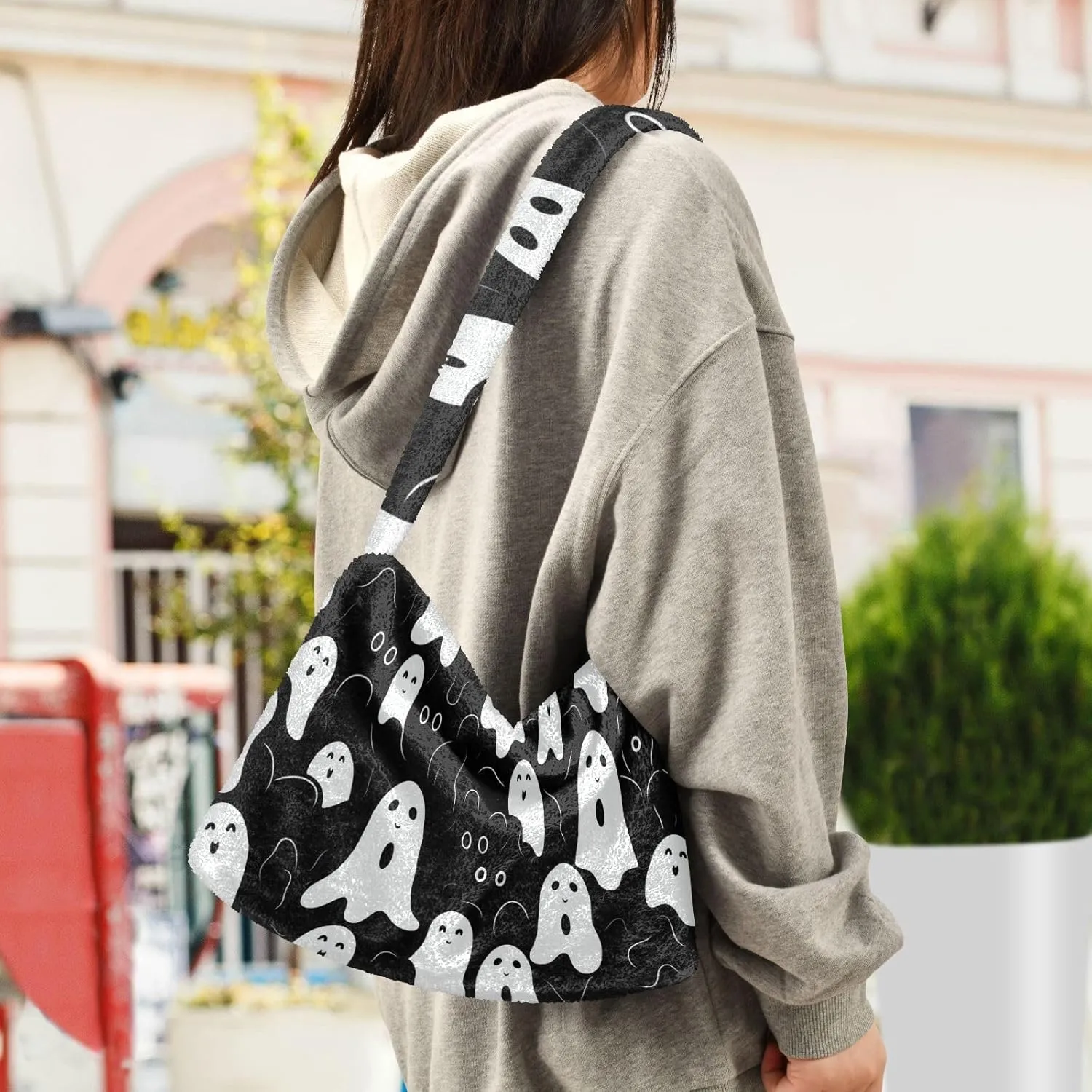 Boo Specter in Black and White Plush Bag, Plush Tote Bag Women, Womens Outdoor Bag