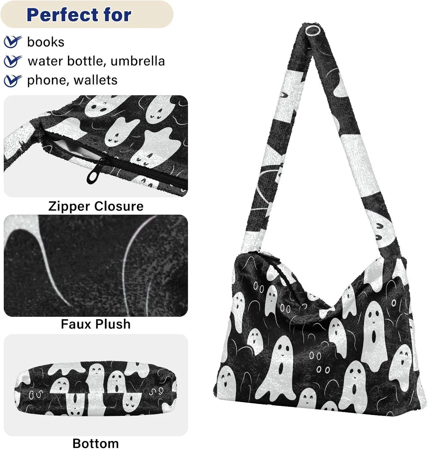 Boo Specter in Black and White Plush Bag, Plush Tote Bag Women, Womens Outdoor Bag