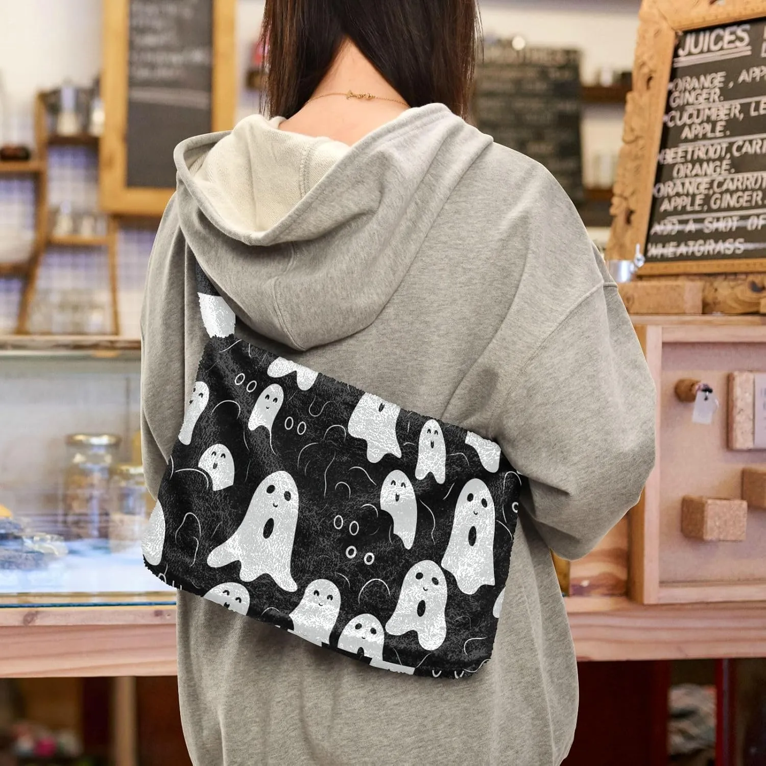 Boo Specter in Black and White Plush Bag, Plush Tote Bag Women, Womens Outdoor Bag