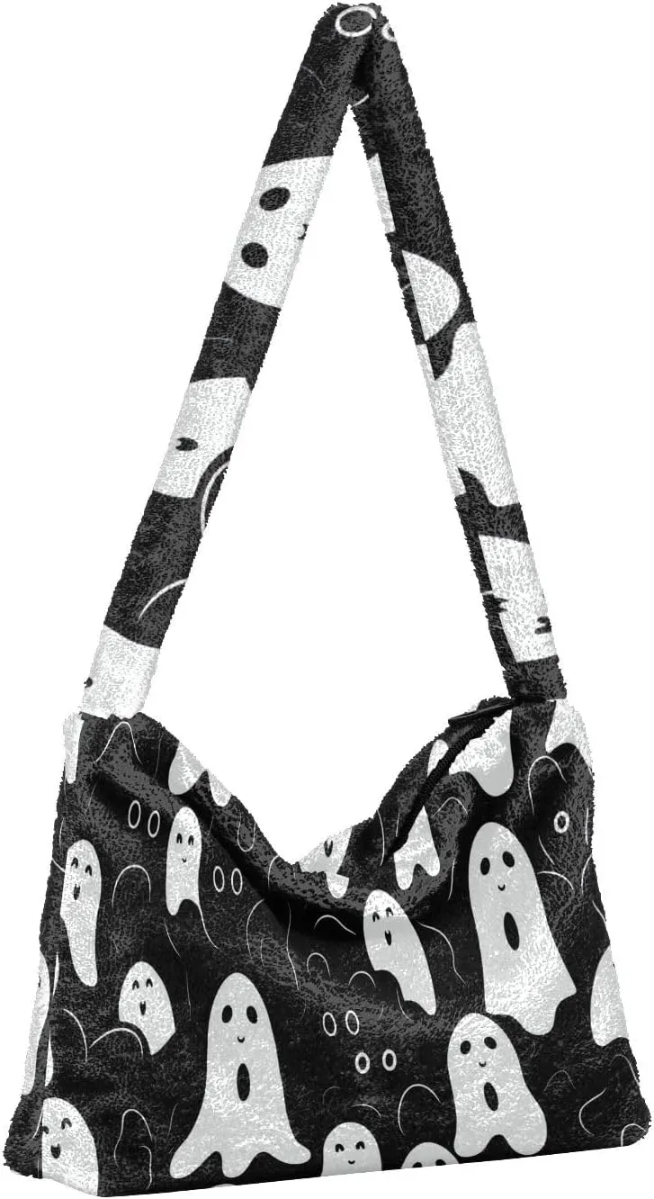 Boo Specter in Black and White Plush Bag, Plush Tote Bag Women, Womens Outdoor Bag