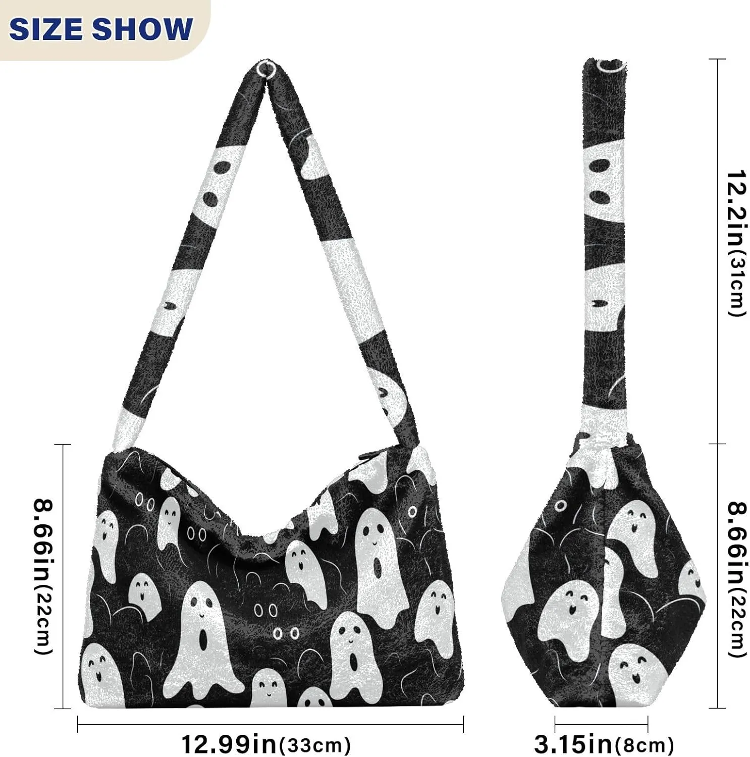 Boo Specter in Black and White Plush Bag, Plush Tote Bag Women, Womens Outdoor Bag