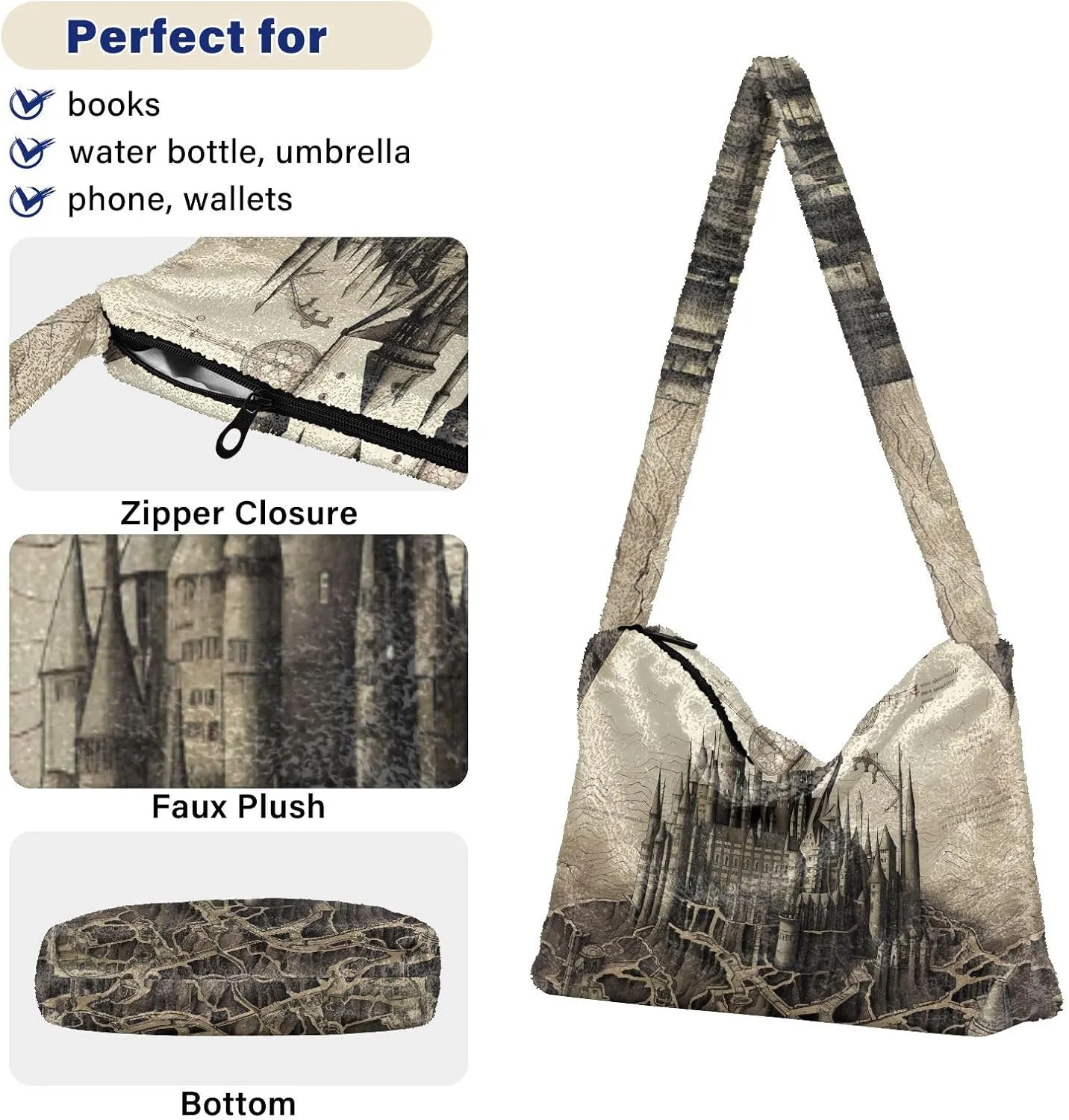 Boo Specter in Black and White Plush Bag, Plush Tote Bag Women, Womens Outdoor Bag