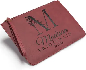 Bridesmaid Gifts, Personalized Wristlet Clutch Purse for Wedding, Leather, Personalized Makeup Bag for Bridesmaids, Bridesmaid Proposal Gifts, Bridal Shower Gift, Bachelorette Party Favors, Red D2