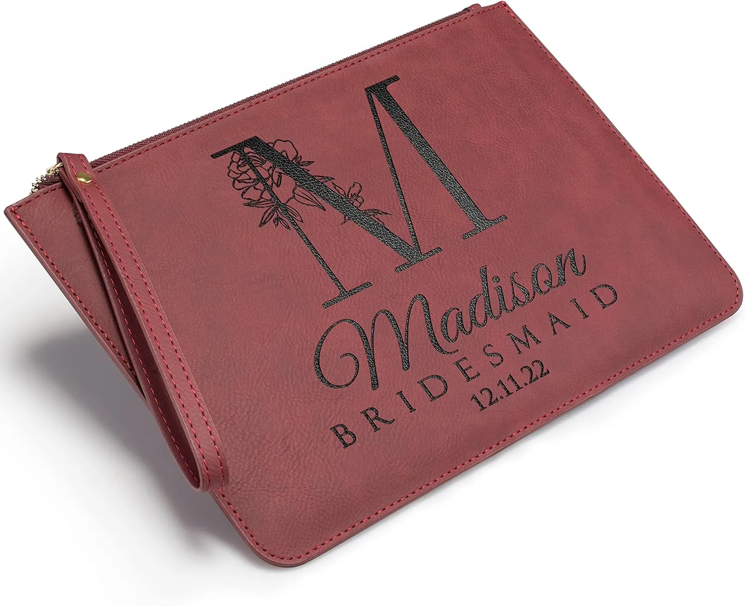 Bridesmaid Gifts, Personalized Wristlet Clutch Purse for Wedding, Leather, Personalized Makeup Bag for Bridesmaids, Bridesmaid Proposal Gifts, Bridal Shower Gift, Bachelorette Party Favors, Red D2