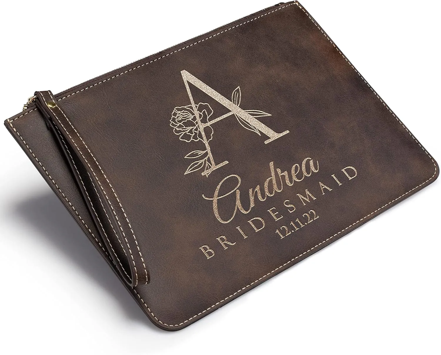 Bridesmaid Gifts, Personalized Wristlet Clutch Purse for Wedding, Leather, Personalized Makeup Bag for Bridesmaids, Bridesmaid Proposal Gifts, Bridal Shower Gift, Bachelorette Party Favors, Rustic D2