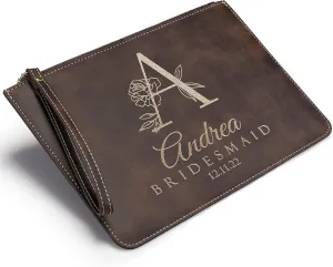 Bridesmaid Gifts, Personalized Wristlet Clutch Purse for Wedding, Leather, Personalized Makeup Bag for Bridesmaids, Bridesmaid Proposal Gifts, Bridal Shower Gift, Bachelorette Party Favors, Rustic D2