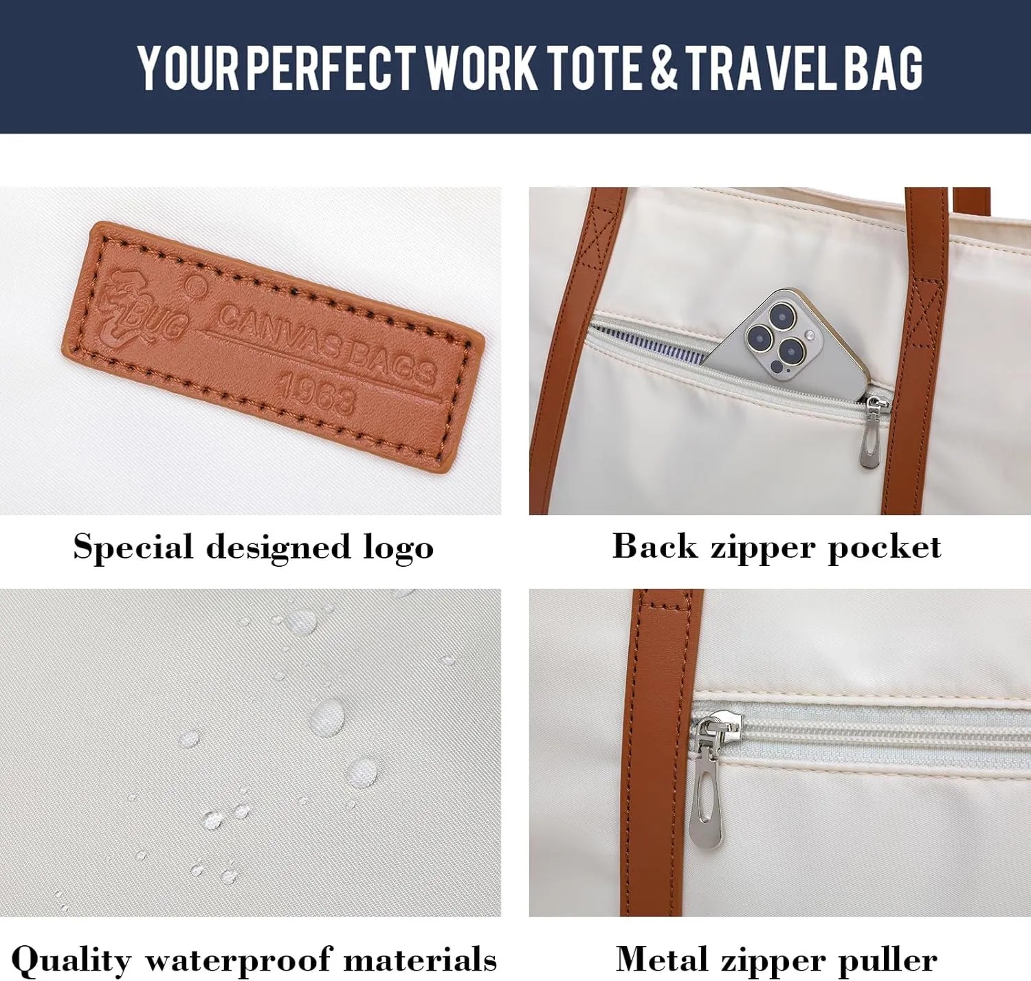 BUG Lightweight Women Laptop Tote Bag for Work, Casual Handbag for Travel Beach College Teacher