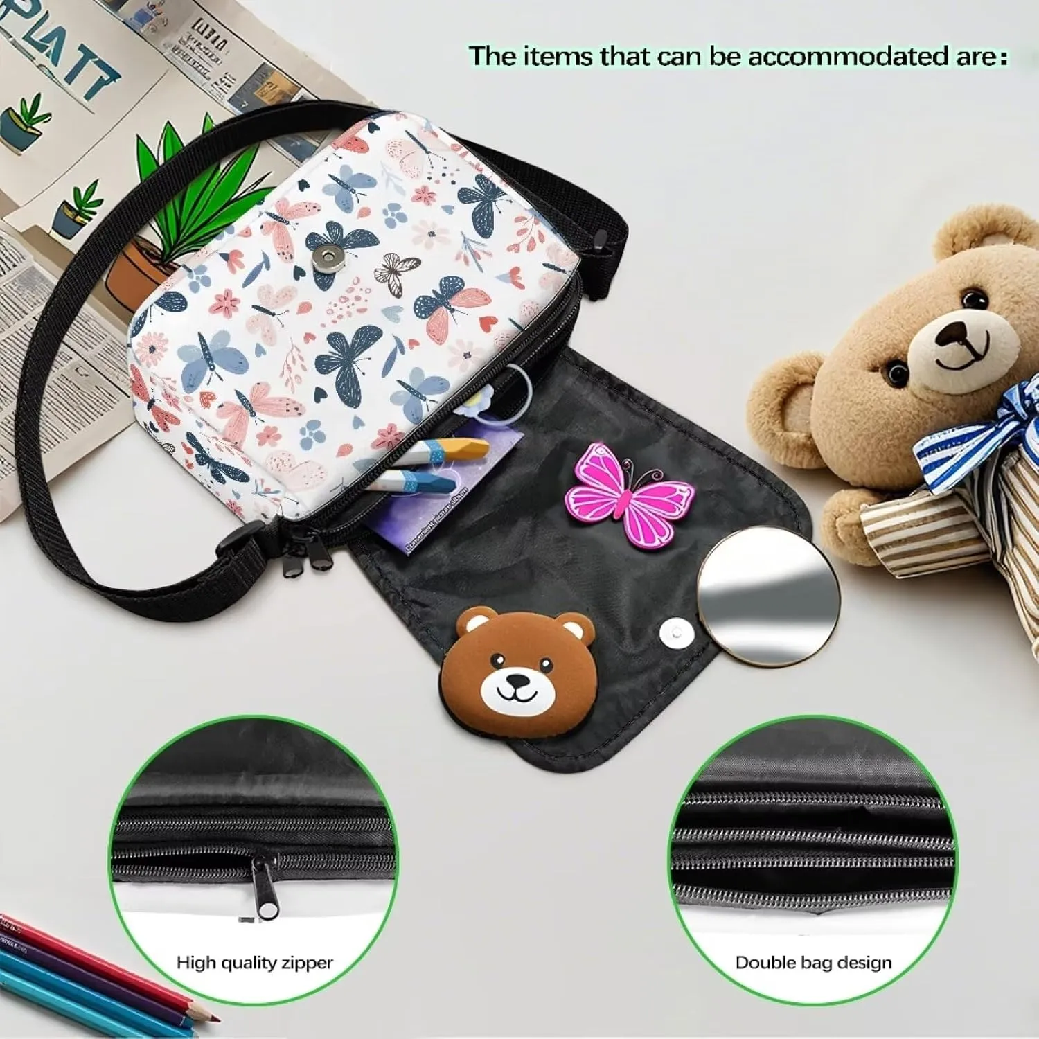 Butterflies Girls Crossbody Purse for Kids Shoulder Handbags for Girls Toddler Casual Handbags with Zipper Pockets for Festival Holiday Travel Outdoor