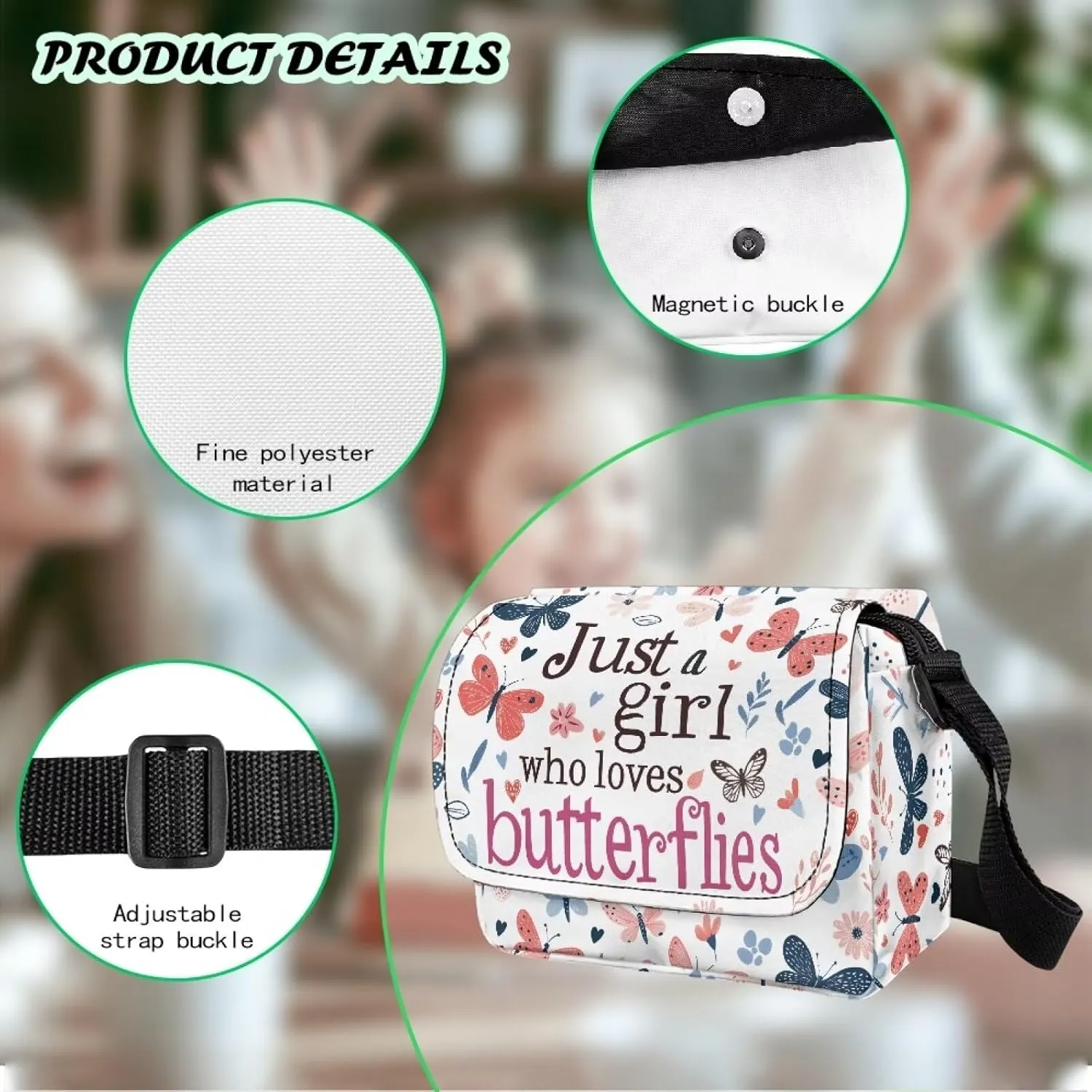 Butterflies Girls Crossbody Purse for Kids Shoulder Handbags for Girls Toddler Casual Handbags with Zipper Pockets for Festival Holiday Travel Outdoor