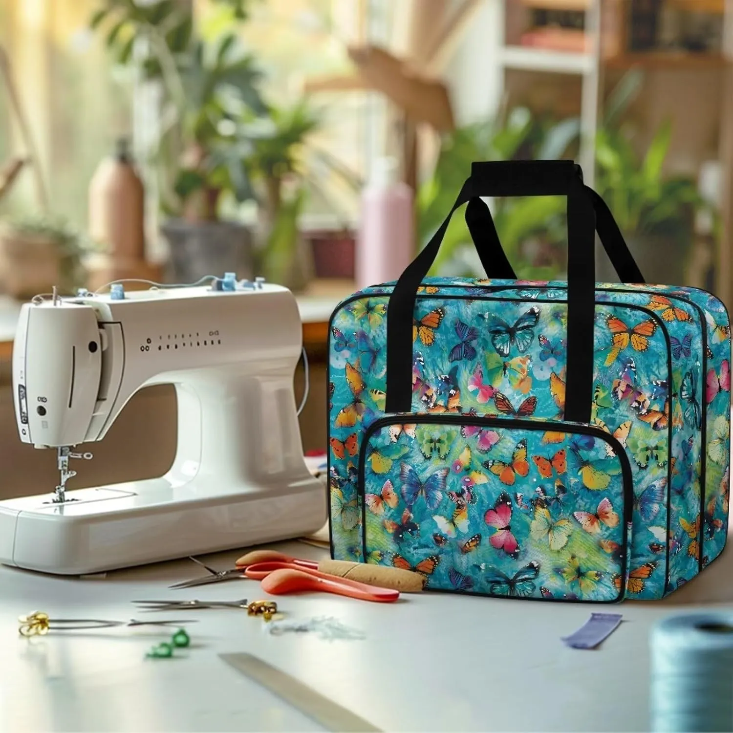 Butterflies Sewing Machine Carrier Tote Bag for Sewing Machine Portable Sewing Case with Multiple Storage Pockets, Household Sewing Machine Handbags for Most Singer, Brother
