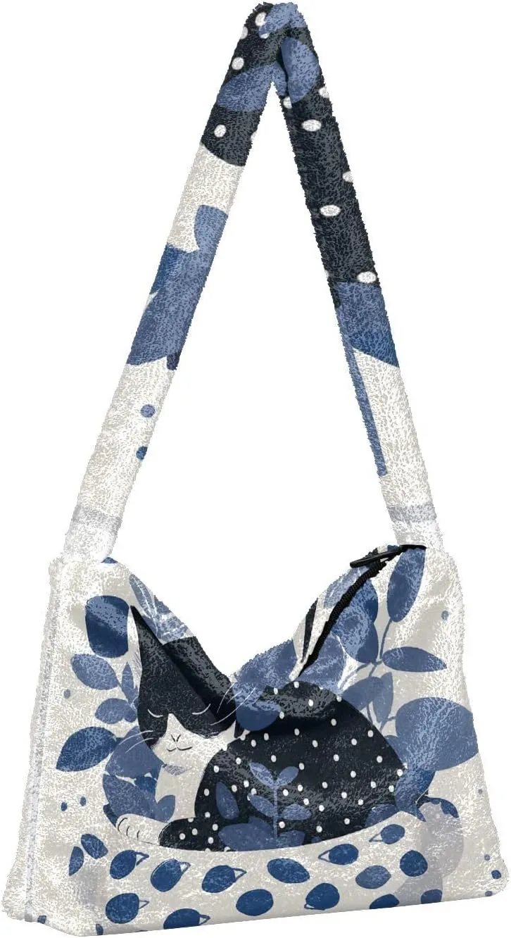 Cartoon Probe Black and White Bulldog Women Shoulder Bag Tote, Plush Tote Bag Women, Womens Outdoor Bag