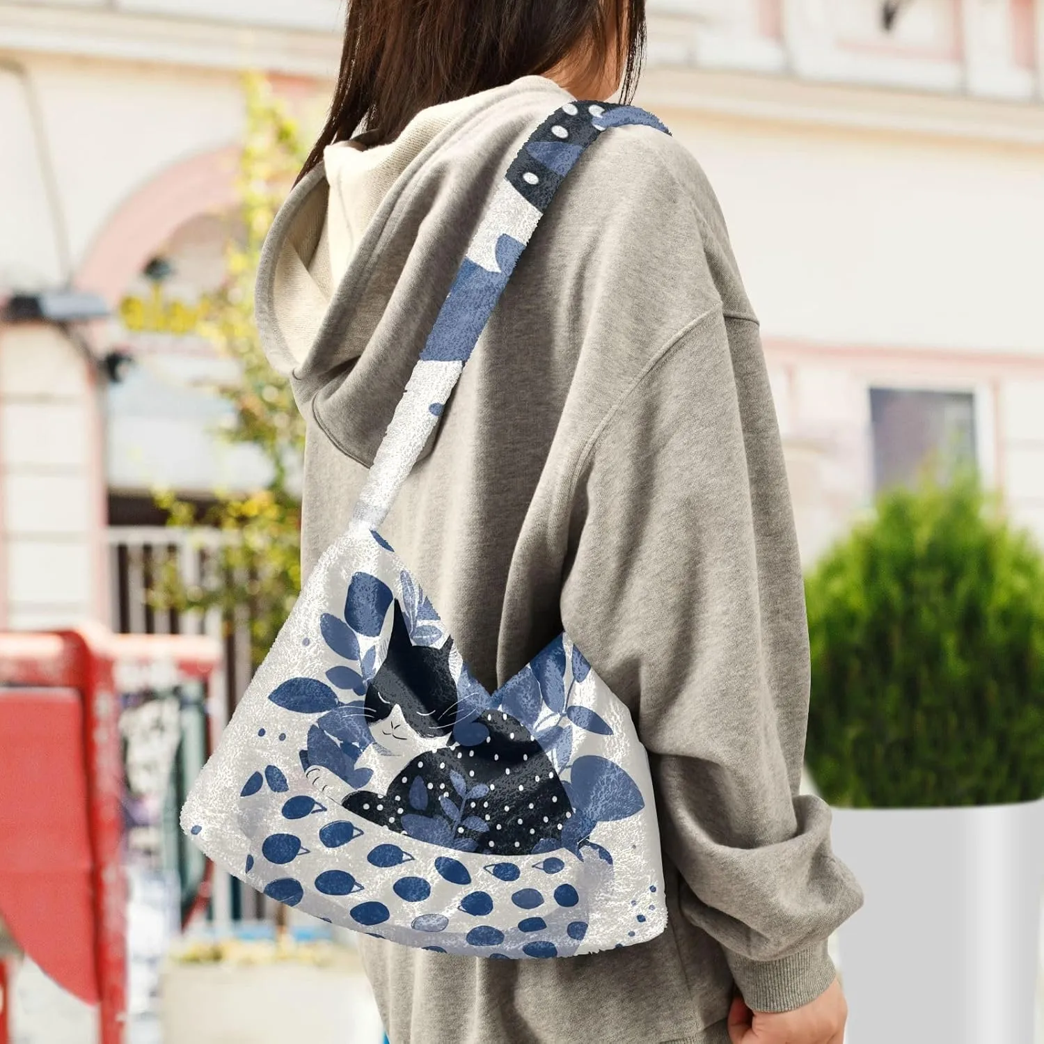 Cartoon Probe Black and White Bulldog Women Shoulder Bag Tote, Plush Tote Bag Women, Womens Outdoor Bag