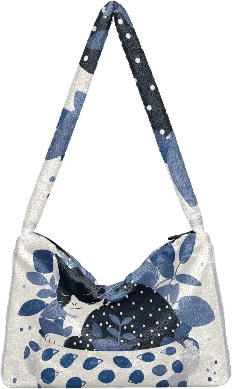 Cartoon Probe Black and White Bulldog Women Shoulder Bag Tote, Plush Tote Bag Women, Womens Outdoor Bag