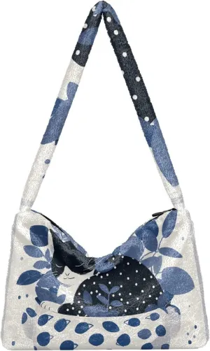 Cartoon Probe Black and White Bulldog Women Shoulder Bag Tote, Plush Tote Bag Women, Womens Outdoor Bag